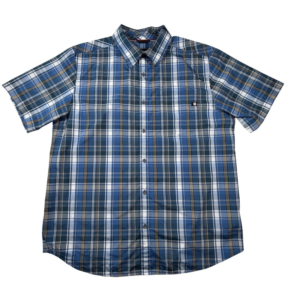 Marmot Mens XL Short Sleeve Button Down Plaid Shirt Blue Tan Hiking Gorpcore